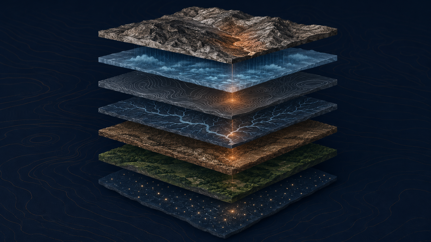 Capas de datos geoespaciales del territorio: geología, precipitación, pendiente, hidrología, suelos, cobertura