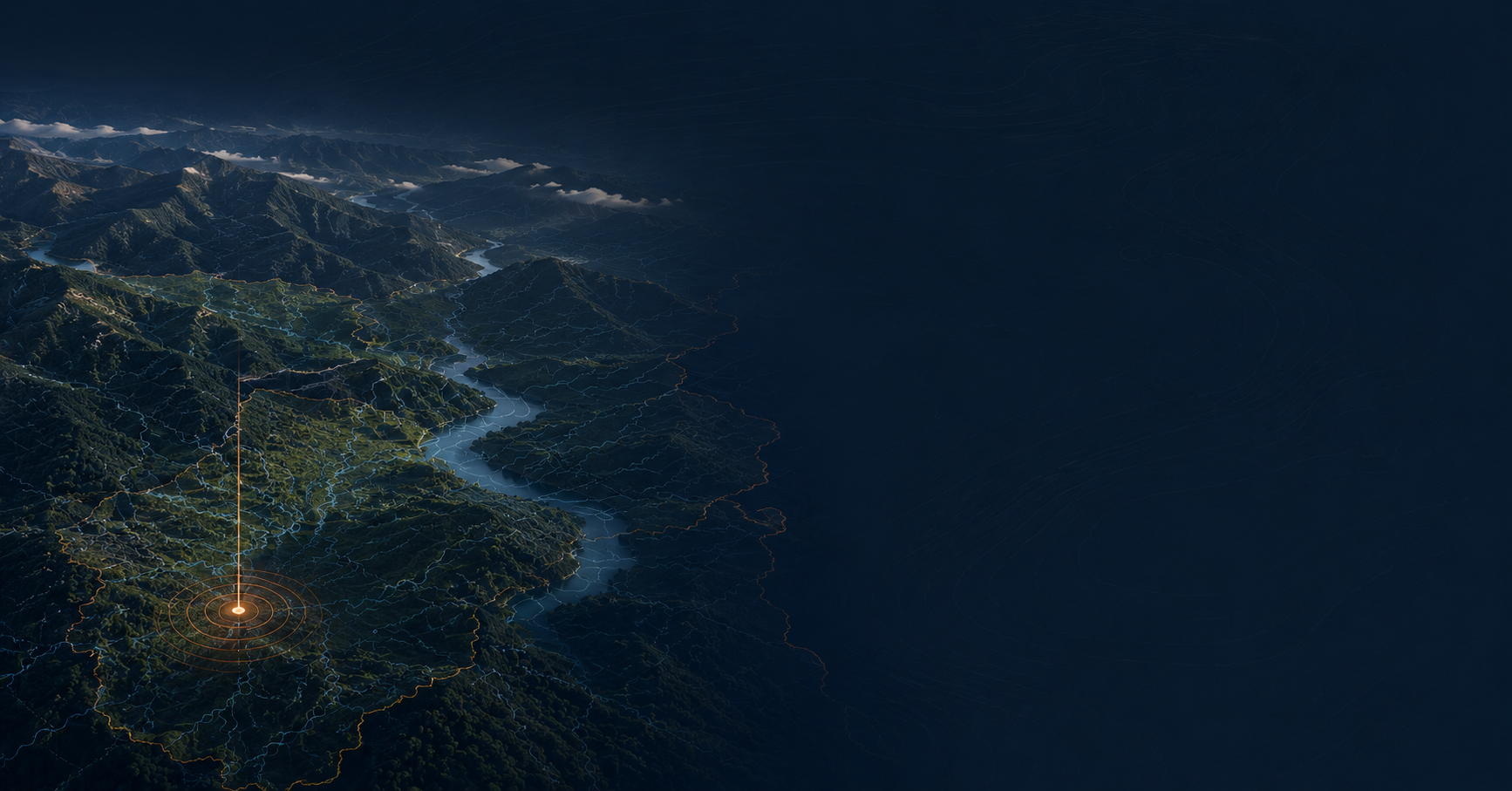 Vista aérea de terreno montañoso de Guatemala con análisis geoespacial